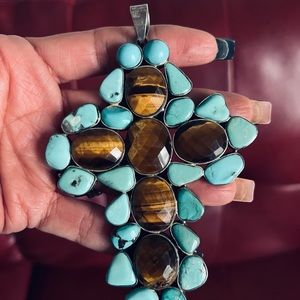 Tiger Eye & Turquoise Cross Pendant
